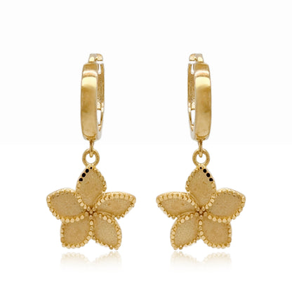 14k Gold Diamond Cut Flower on Hoop Earring