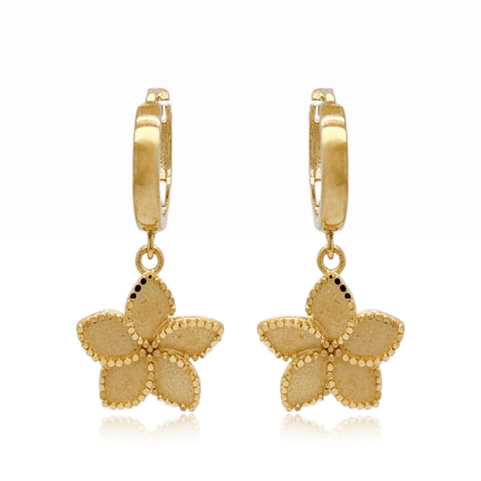 14k Gold Diamond Cut Flower on Hoop Earring