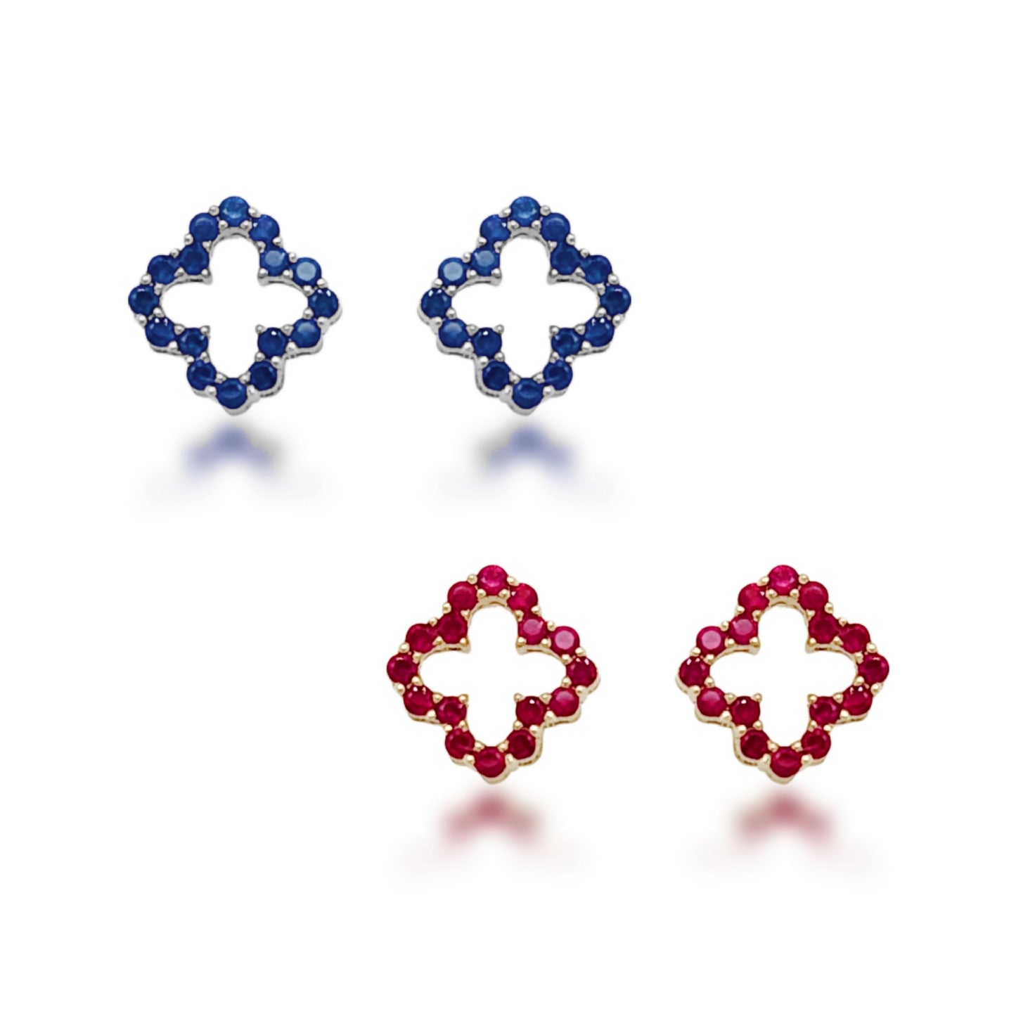 10K Gold Ruby or Sapphire Clover Outline Stud Earrings