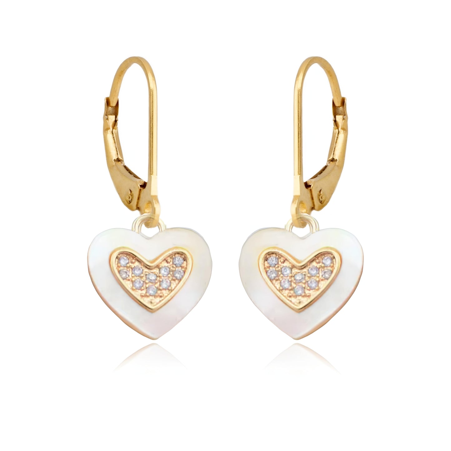 Gold Plated Surgical Steel Framed Mother of Pearl Heart with Center Micropave Heart Earrings