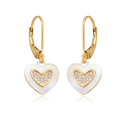 Gold Plated Surgical Steel Framed Mother of Pearl Heart with Center Micropave Heart Earrings