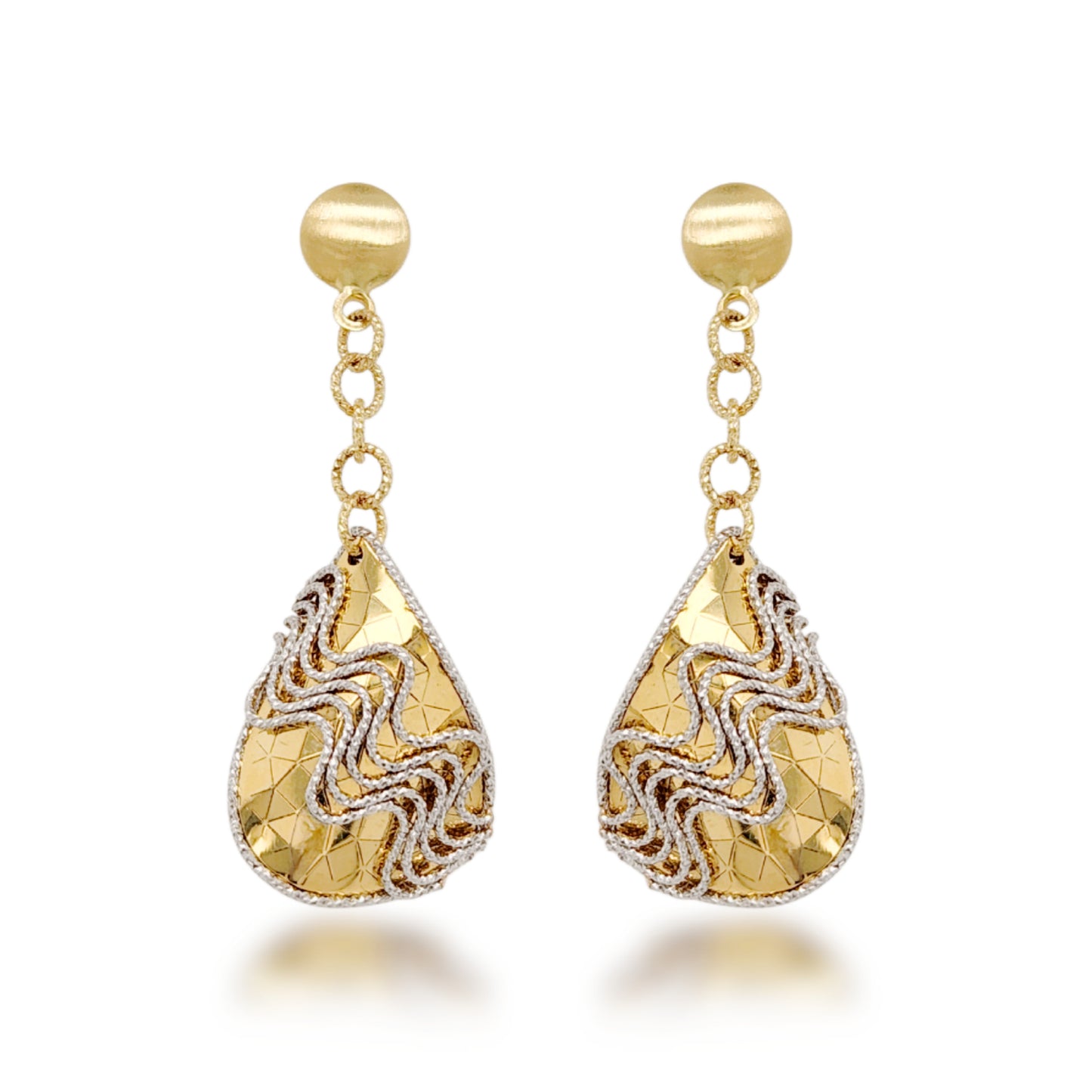 14K Gold Dangling Teardrop With Design Earrings