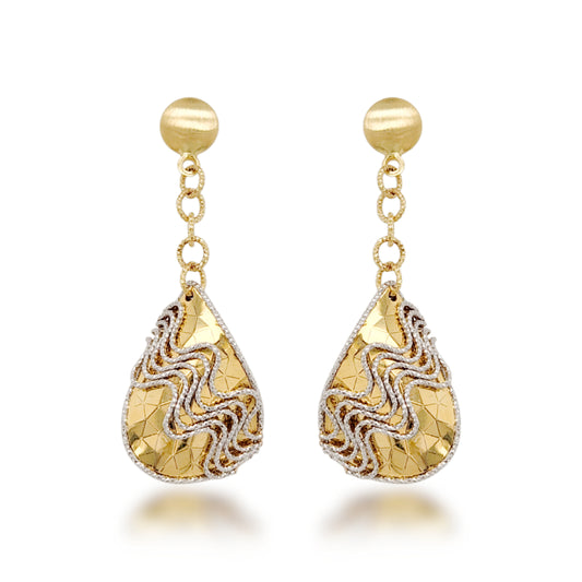 14K Gold Dangling Teardrop With Design Earrings