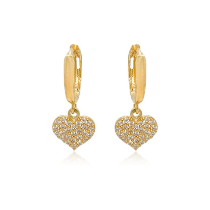 14k Gold Small Micropave CZ Heart on Hoop Earring