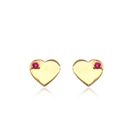 14k Gold Small Heart With Ruby CZ Stud Earrings