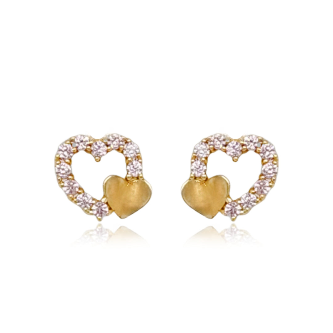 14k Gold Small Double Heart With Pink CZ Stud Earrings