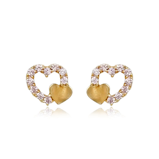 14k Gold Small Double Heart With Pink CZ Stud Earrings