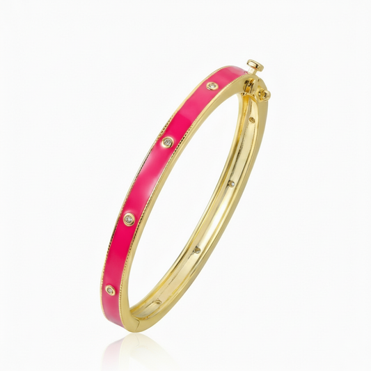 Gold Plated CZ Bangle - Enamel Accent Bracelet