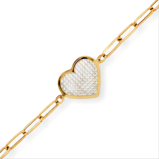 14k Gold Paperclip Bracelet With Center Two Tone Diamond Cut Heart