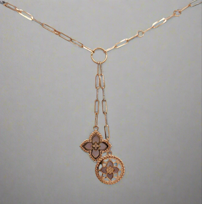 14K Rose Gold Clover Lariat Necklace On Paperclip Chain