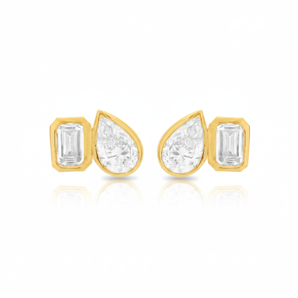 Gold Plated Bezel Set CZ Stud Earrings - Mixed Shapes - Hypoallergenic