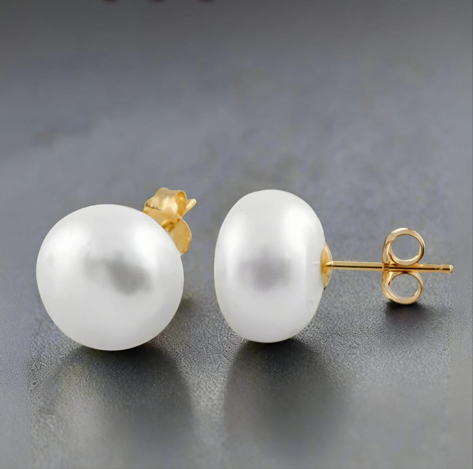 Freshwater Button Pearl Studs With 14k Gold Earring Backs