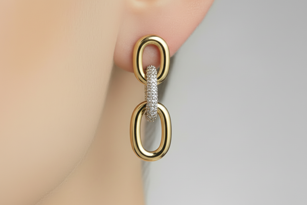 Gold Plated Sterling Silver Micropave 3 Oval Link Earrings