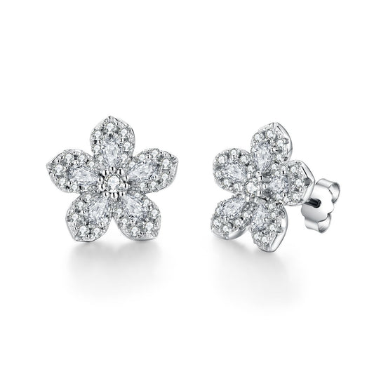 Rhodium Plated Sterling Silver 5 Petal Micropave Flower Stud Earrings