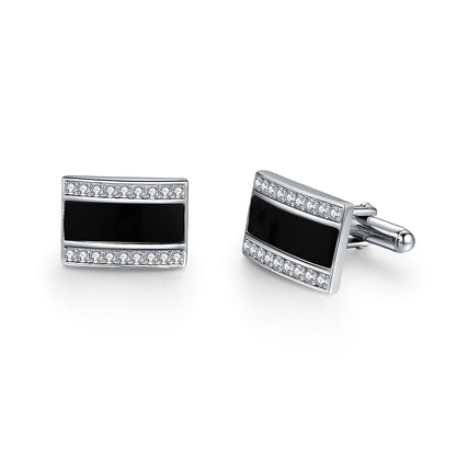 Rhodium Plated Sterling Silver Mother of Pearl / Black Onyx and CZ Rectangular Cufflinks