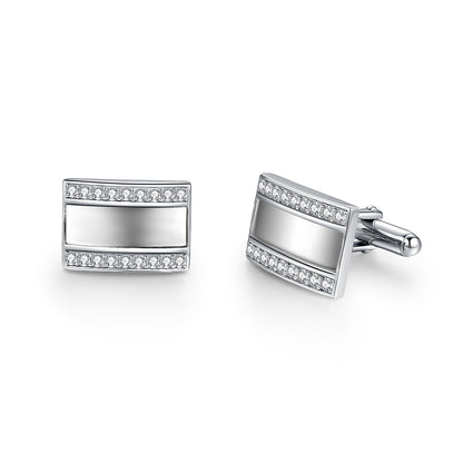 Rhodium Plated Sterling Silver Mother of Pearl / Black Onyx and CZ Rectangular Cufflinks