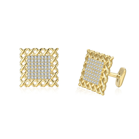 Gold Plated Sterling Silver Weave Design with Clear Micropave CZ Cufflinks