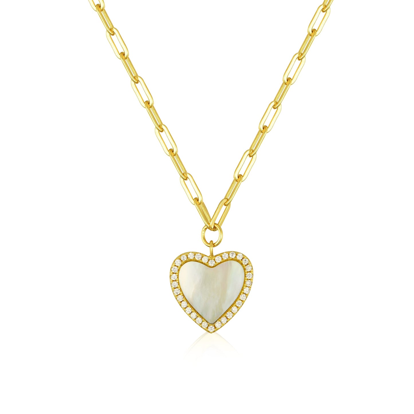 Gold Plated Sterling Silver Mother Of Pearl Heart On Paperclip Chain Necklace