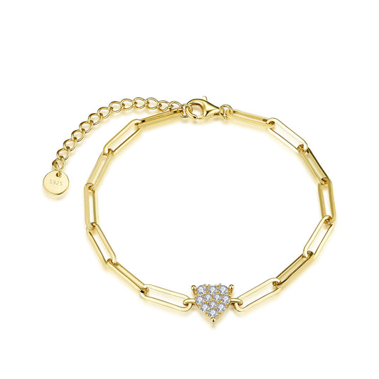Gold Plated Sterling Silver Paperclip Chain with CZ Heart Bracelet
