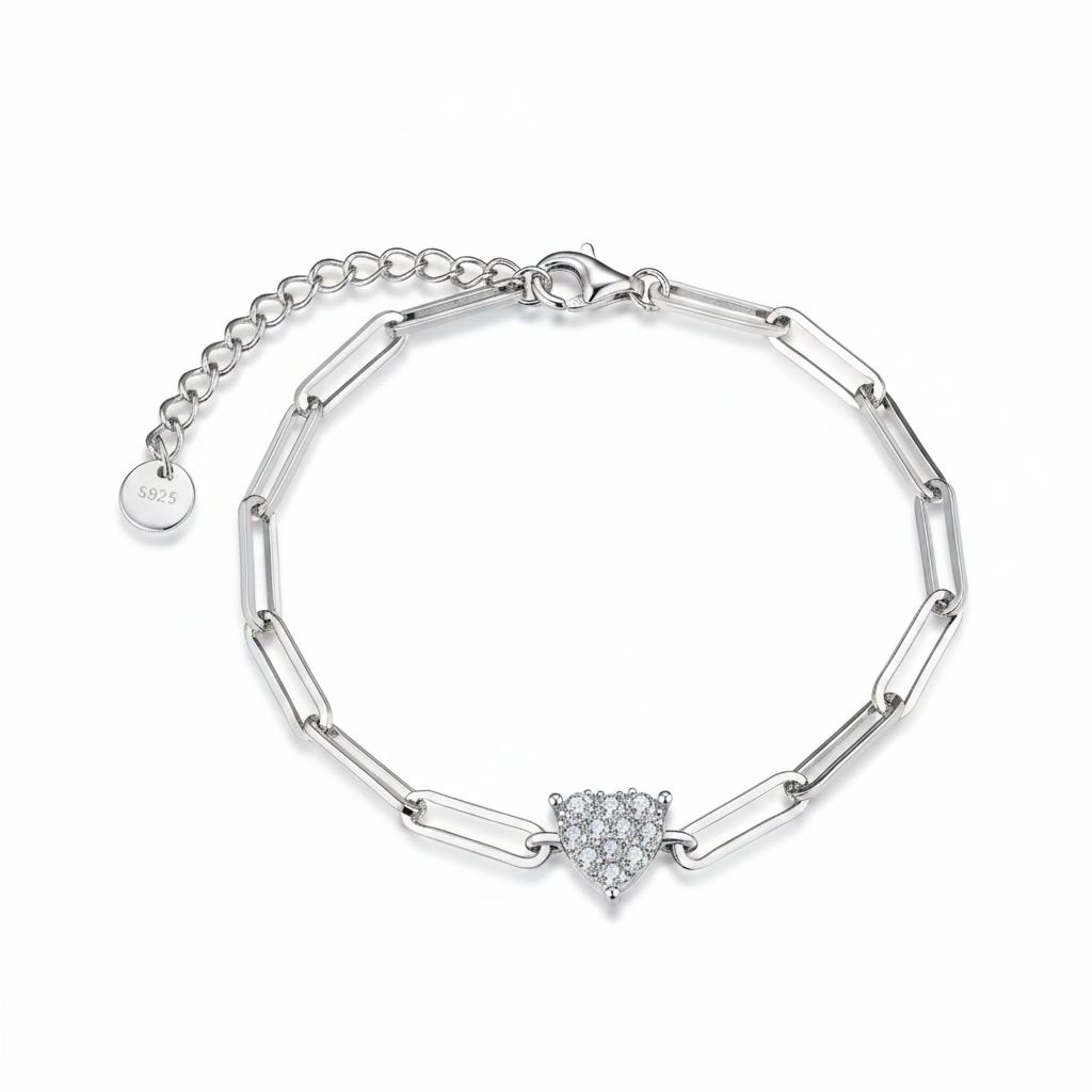 Gold Plated Sterling Silver Paperclip Chain with CZ Heart Bracelet