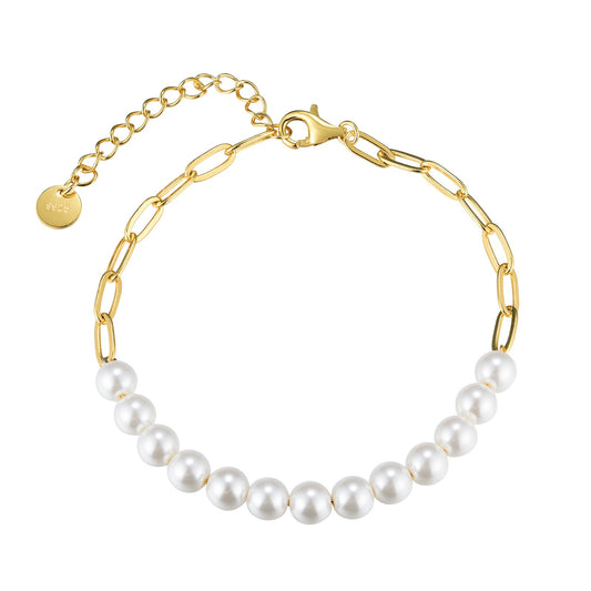 Gold Plated Sterling Silver Paperclip Chain with With Pearl Bracelet