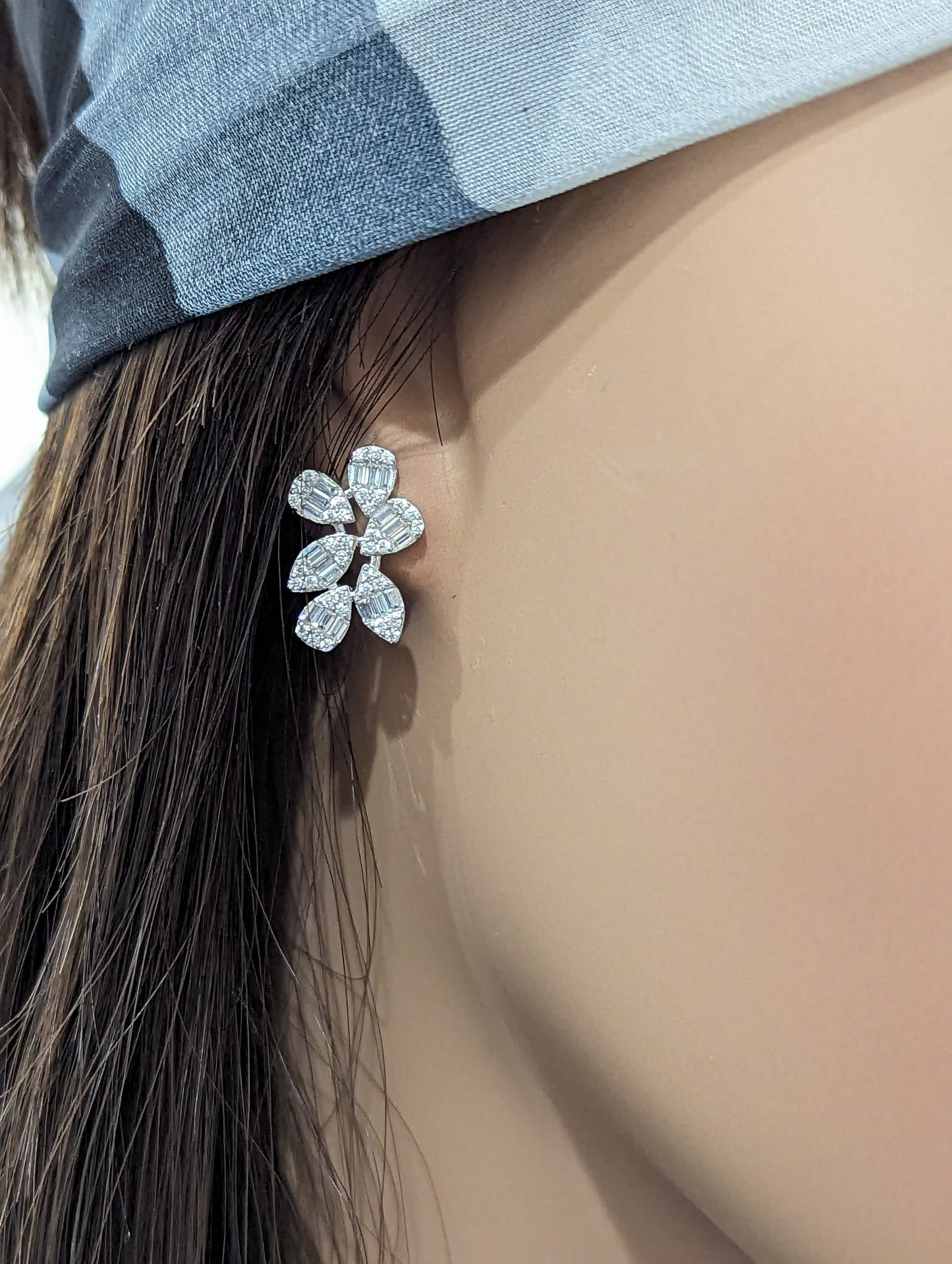 Sterling Silver Six Petal Baguette CZ Flower Stud Earring