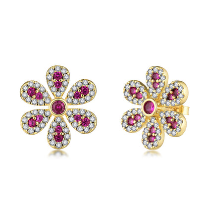 Sterling Silver Clear With Ruby or Sapphire CZ Flower Stud Earring