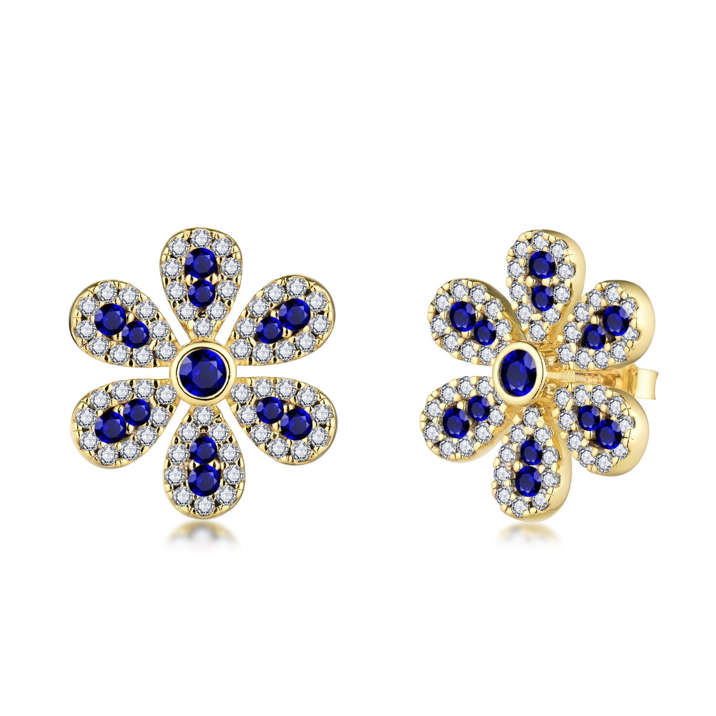 Sterling Silver Clear With Ruby or Sapphire CZ Flower Stud Earring