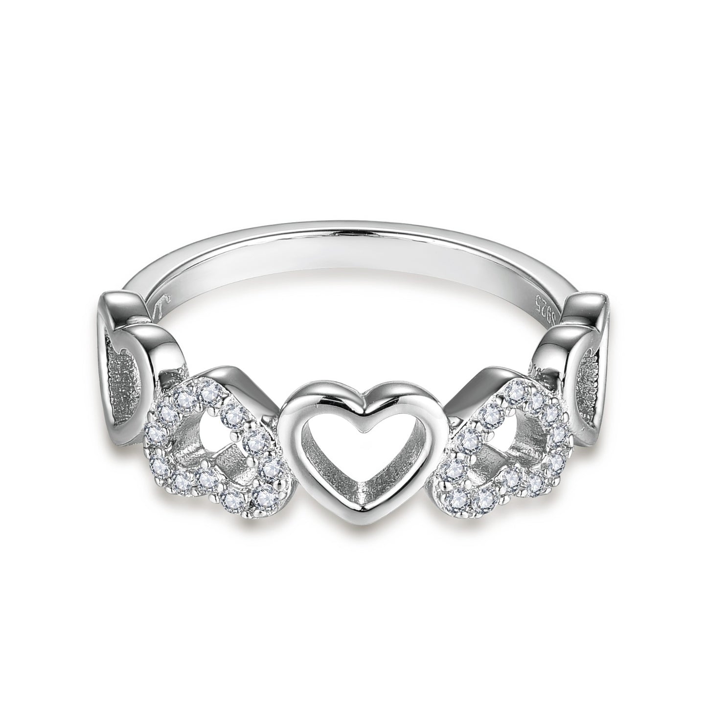 Sterling Silver Micropave and Solid Hearts Ring