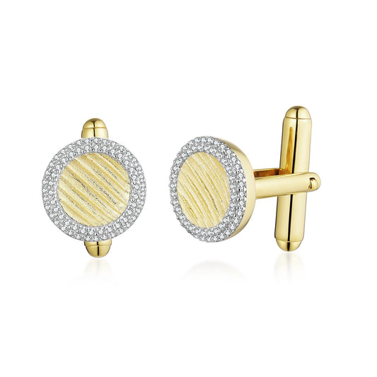 Gold Plated Sterling Silver Outline Micropave CZ Circle With Lined Brushed Gold Center Cufflinks
