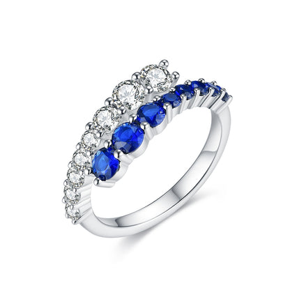 Sterling Silver Sapphire and Clear CZ Bypass Ring