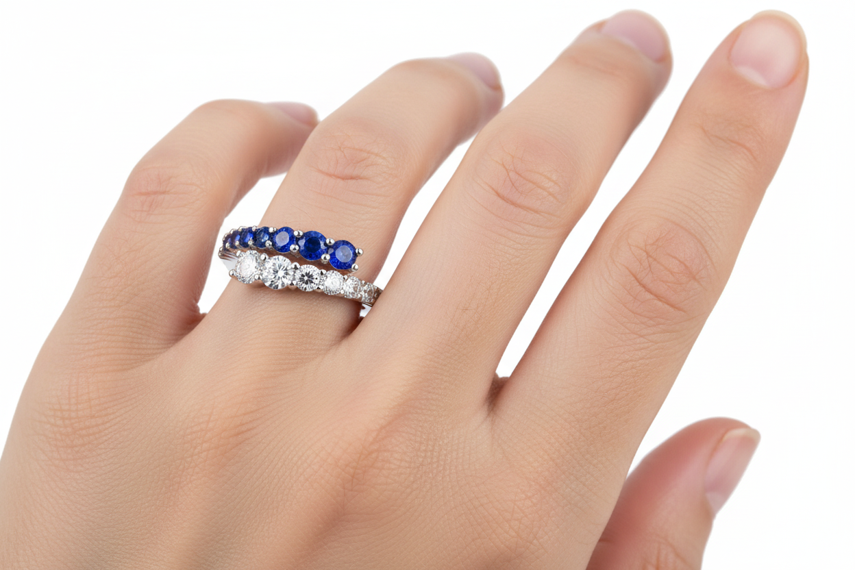 Sterling Silver Sapphire and Clear CZ Bypass Ring