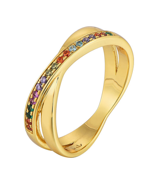 Gold Plated Sterling Silver Micropave Crossover Multicolor CZ Ring