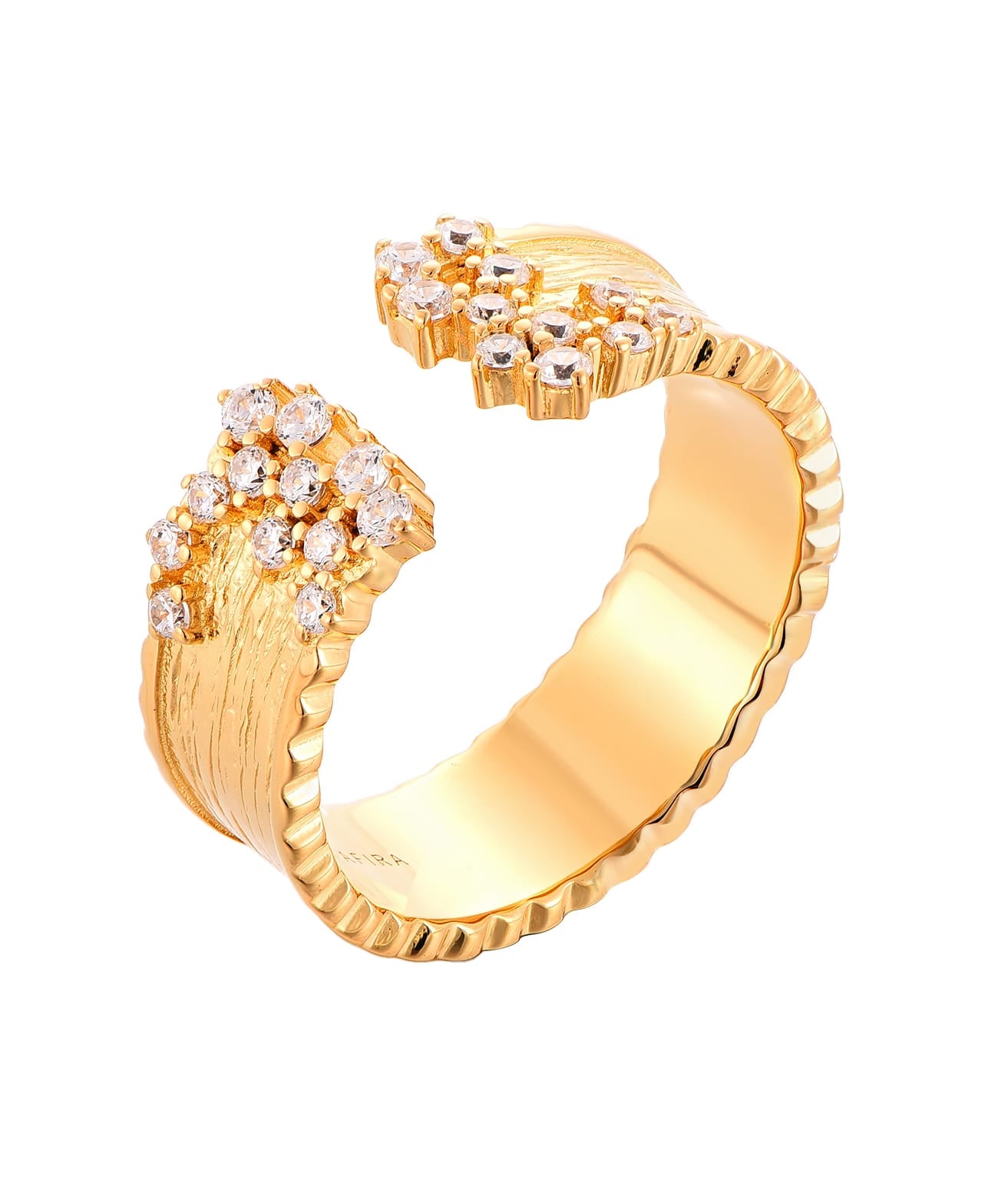 Sterling Silver Brushed Gold Plated Open Cuff Sprinkled CZ Ring