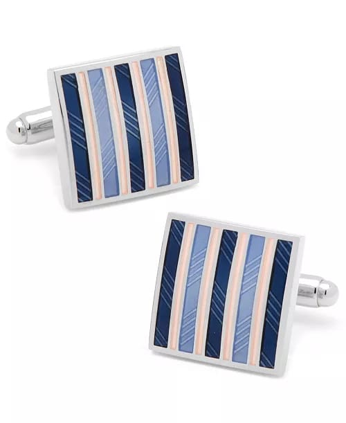 Rhodium Plated Blue Enamel Stripes Rectangle Cufflinks