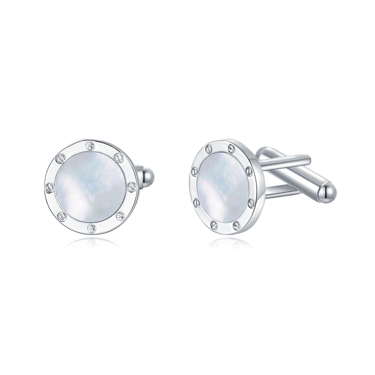 Rhodium Plated Round Border Around Mother of Pearl Cufflinks