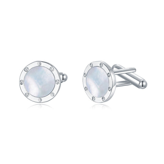Rhodium Plated Round Border Around Mother of Pearl Cufflinks