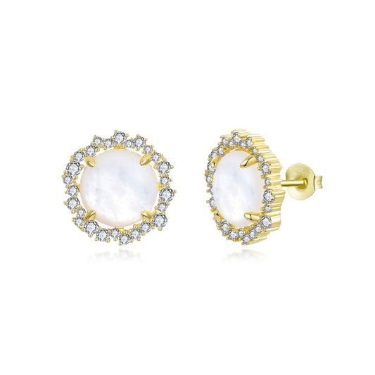 Gold Plated Sterling Silver Round Mother of Pearl with CZ Border Stud Earrings