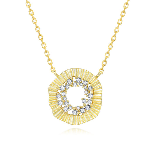 Sterling Silver Gold Plated Rounded Fan Shape CZ Center Necklace