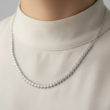 Sterling Silver Three Prong Setting CZ Half Tennis Necklace