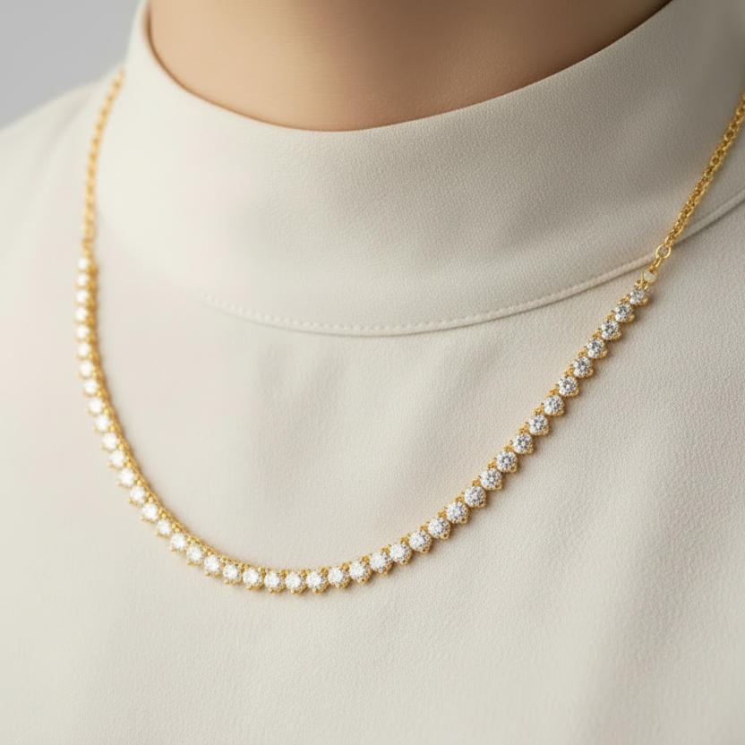 Sterling Silver Three Prong Setting CZ Half Tennis Necklace