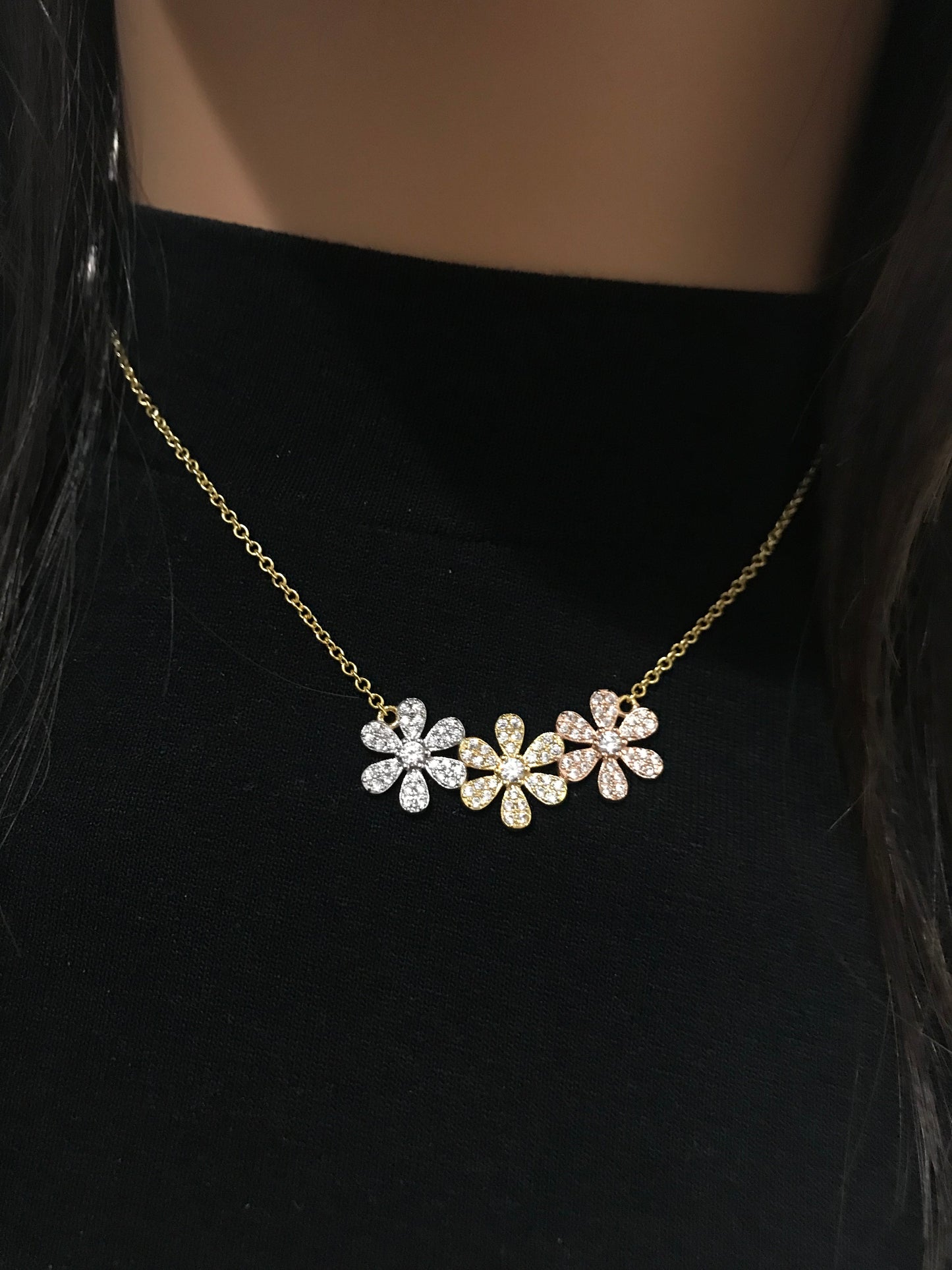 Sterling Silver Micropave CZ Triple Flower Necklace