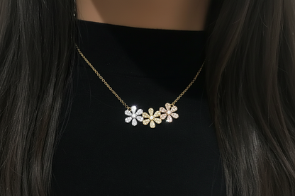 Sterling Silver Micropave CZ Triple Flower Necklace