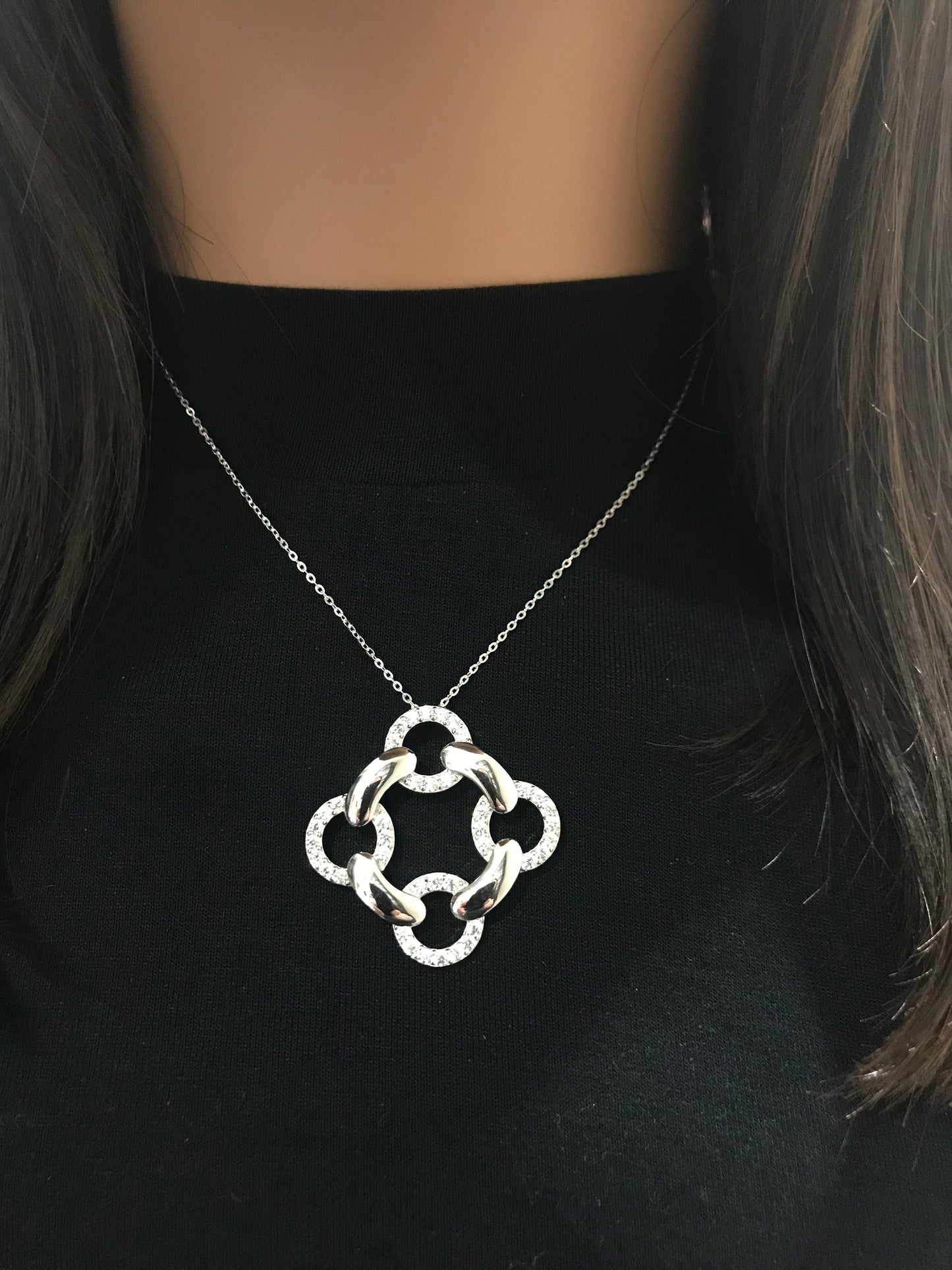 Sterling Silver Interlocking Circles CZ Pendant Necklace