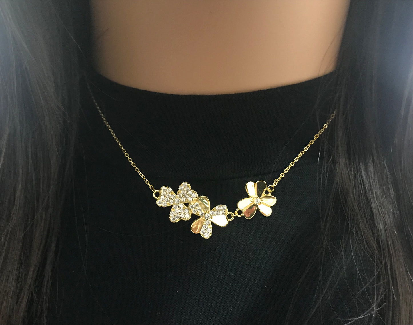 Gold Plated Sterling Silver Horizontal Triple Flower Necklace