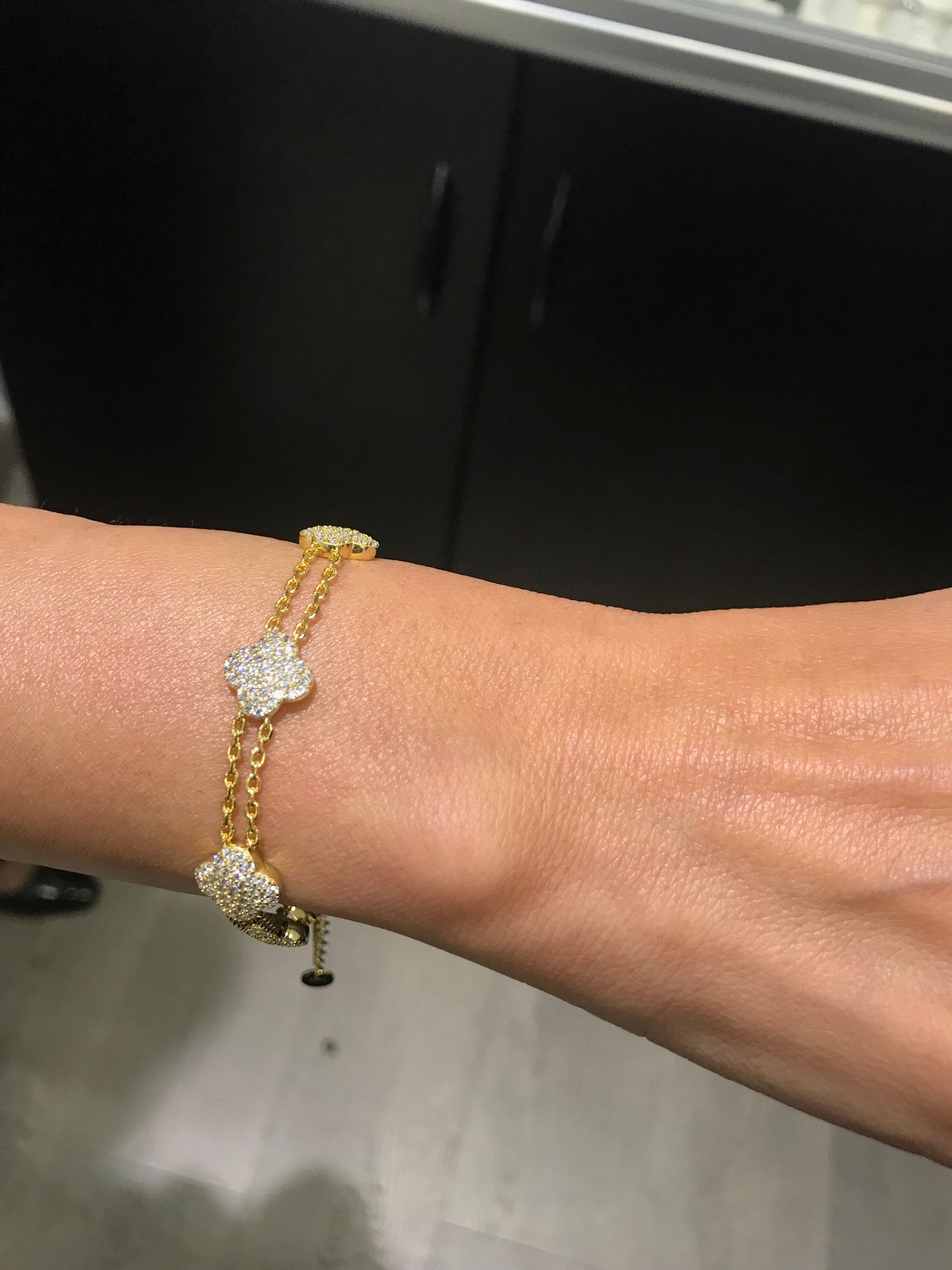 Gold Plated Sterling Silver Double Strand CZ Clover Bracelet