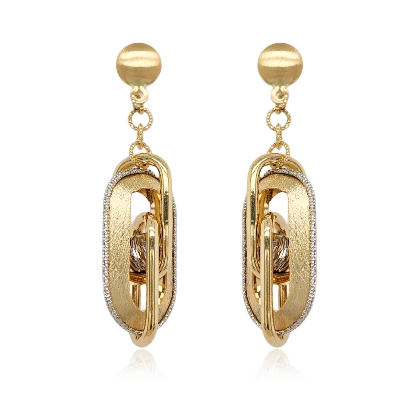14K Gold Dangling Brushed Interlocking Rectangles Diamond Cut Earrings