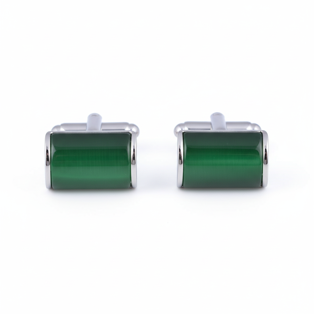 Rectangular Cufflinks with Rounded Green Stone
