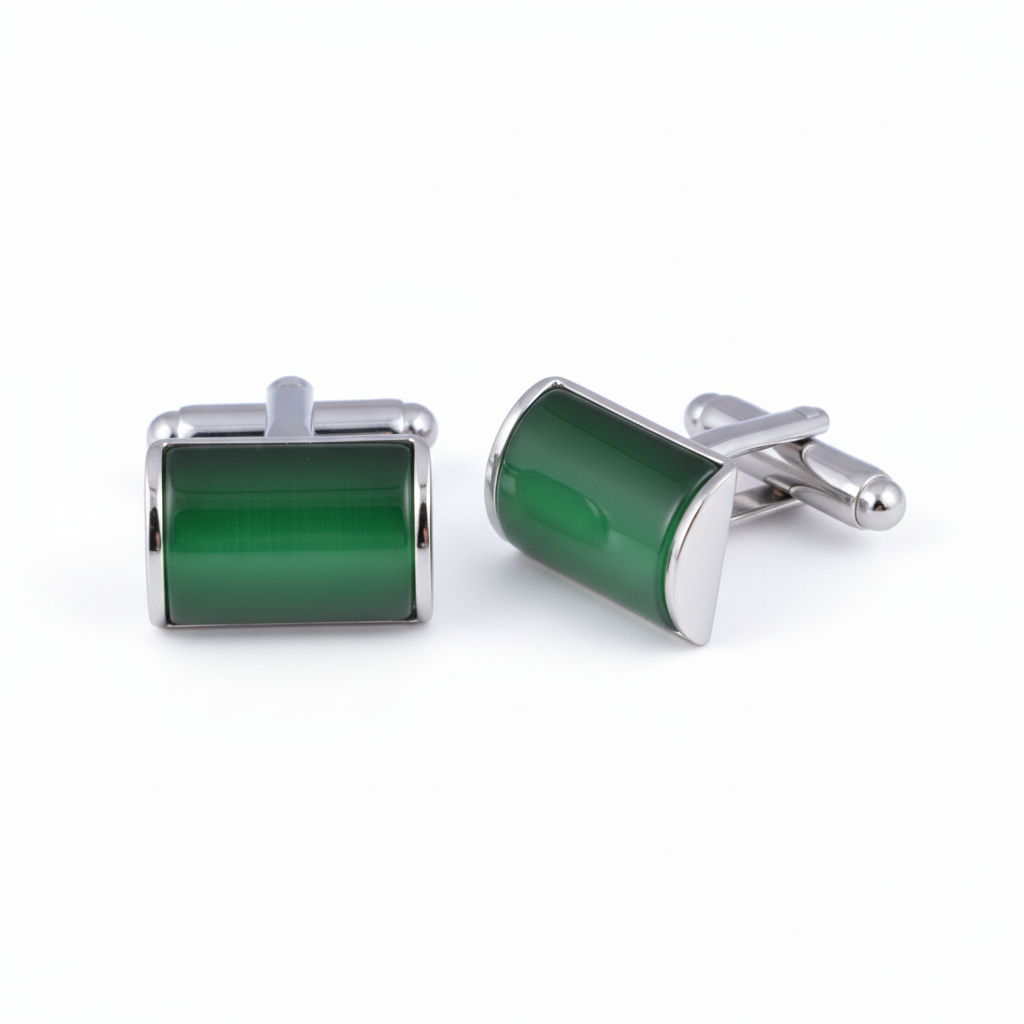 Rectangular Cufflinks with Rounded Green Stone