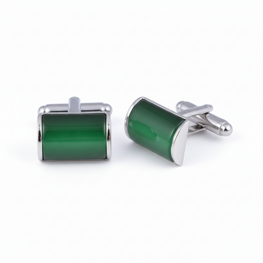 Rectangular Cufflinks with Rounded Green Stone